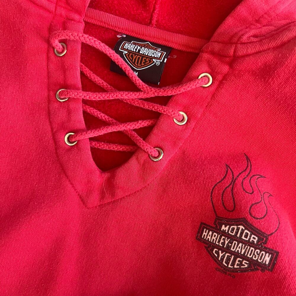 Vintage Y2K Harley Davidson Lace Up Neck Hoodie Sweatshirt Womens Size Small - Picture 3 of 8